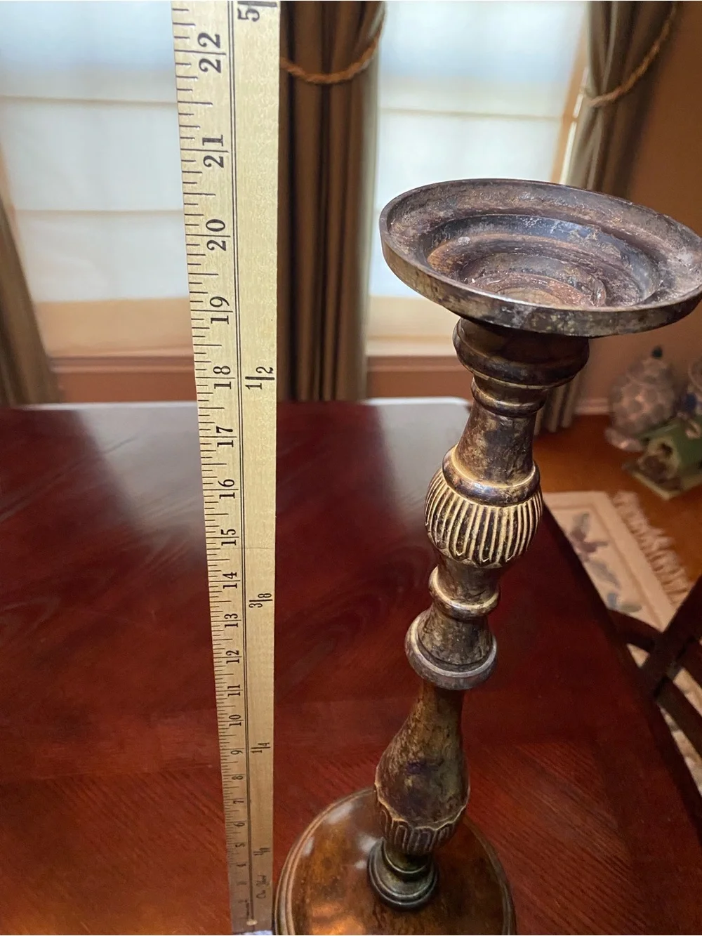 Decorative 20.5 inch painted metal candlestick with lWood-Tone and patina finish